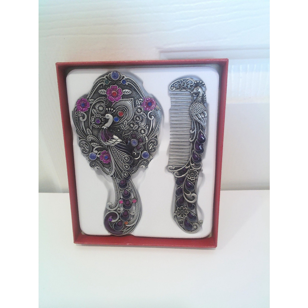 Vintage Peacock Shaped Mirror And Hair Brush Set Style C